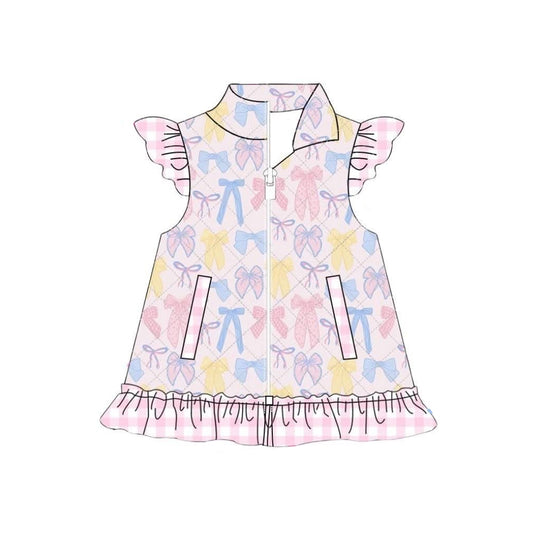 MOQ 8 Preorder GT1308 Pink Blue Bows Plaid Ruffle Flying Sleeve Vest Girls Tops 202510
