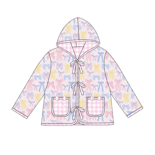 MOQ 8 preorder GT1309 Pink Blue Bows Plaid Pocket Hooded Zipper Long Sleeve Girls Top 202510
