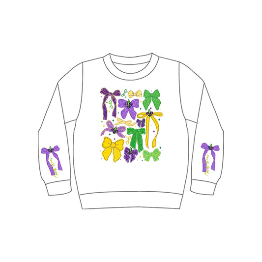MOQ 8 Preorder GT1313 Mardi Gras Bows Pattern White Long Sleeve Girls Tops 202510