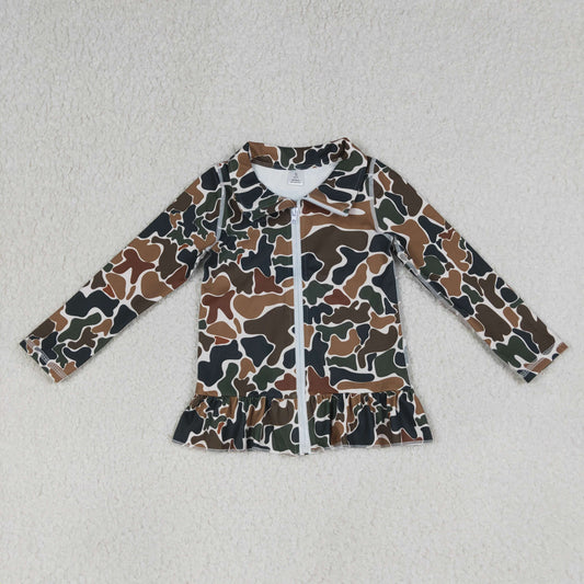 GT1315 Brown Green Camouflage Ruffle Zipper Long Sleeve Girls Yoga Tops 202604 RTS