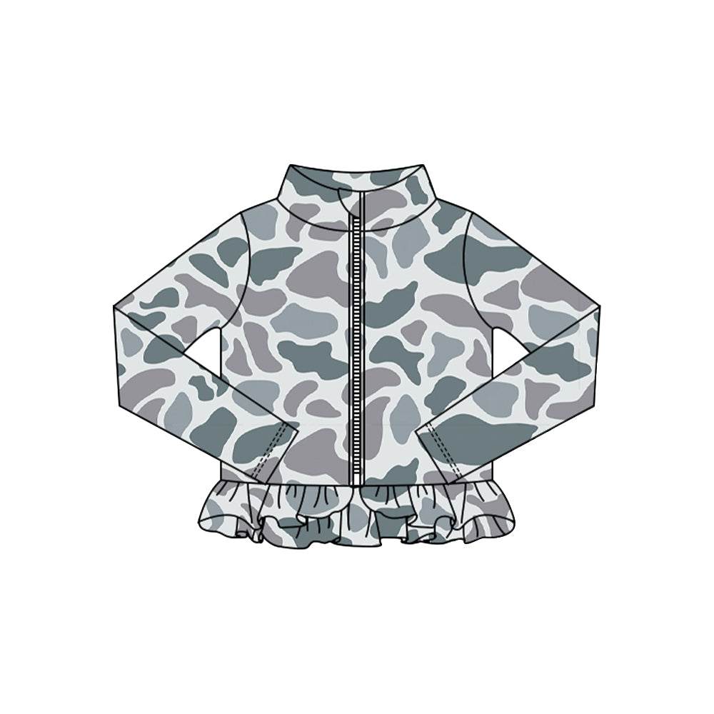 MOQ 5 Preorder GT1316 Gray Camouflage Ruffle Zipper Long Sleeve Girls Yoga Tops 202510