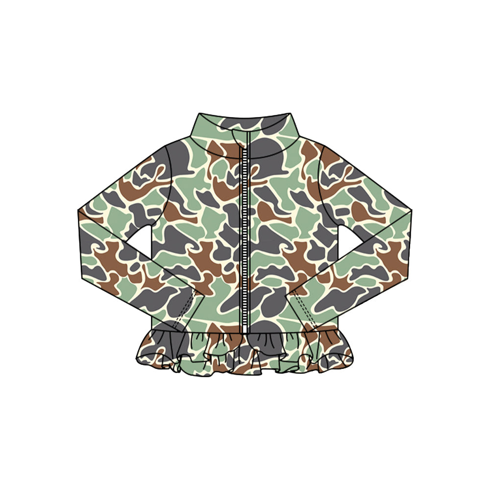 MOQ 5 Preorder GT1318 Green Camouflage Ruffle Zipper Long Sleeve Girls Yoga Tops 202510