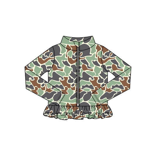 MOQ 5 Preorder GT1318 Green Camouflage Ruffle Zipper Long Sleeve Girls Yoga Tops 202510