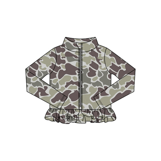 MOQ 5 Preorder GT1319 Gray Camouflage Ruffle Zipper Long Sleeve Girls Yoga Tops 202510