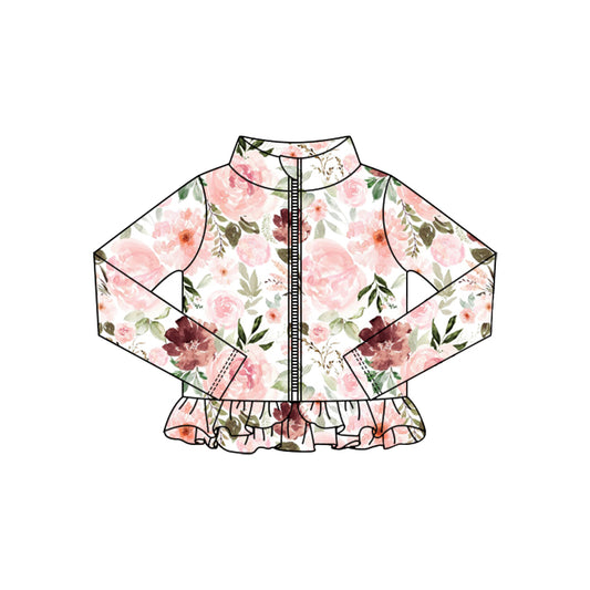 MOQ 5 Preorder GT1320 Orange Pink Flower Leaf Ruffle Zipper Long Sleeve Girls Yoga Tops 202510