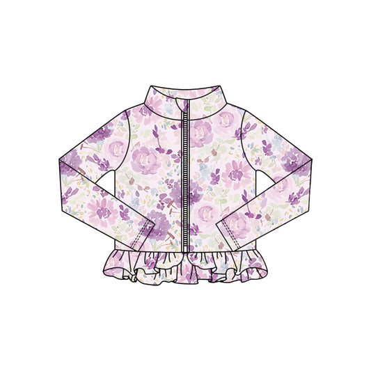 MOQ 5 Preorder GT1321 Purple Flower Leaf Ruffle Zipper Long Sleeve Girls Yoga Tops 202510