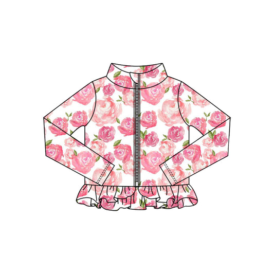 MOQ 5 Preorder GT1325 Rose Pink Flower Pattern Ruffle Zipper Long Sleeve Girls Yoga Tops 202510