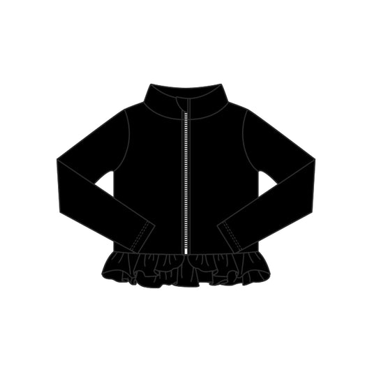MOQ 5 Preorder GT1329 Solid Black Ruffle Zipper Long Sleeve Girls Yoga Tops 202510