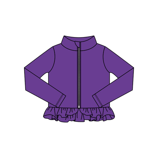 MOQ 5 Preorder GT1332 Solid Purple Ruffle Zipper Long Sleeve Girls Yoga Tops 202510