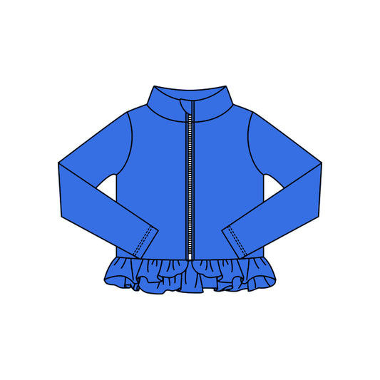 MOQ 5 Preorder GT1335 Solid Blue Ruffle Zipper Long Sleeve Girls Yoga Tops 202510
