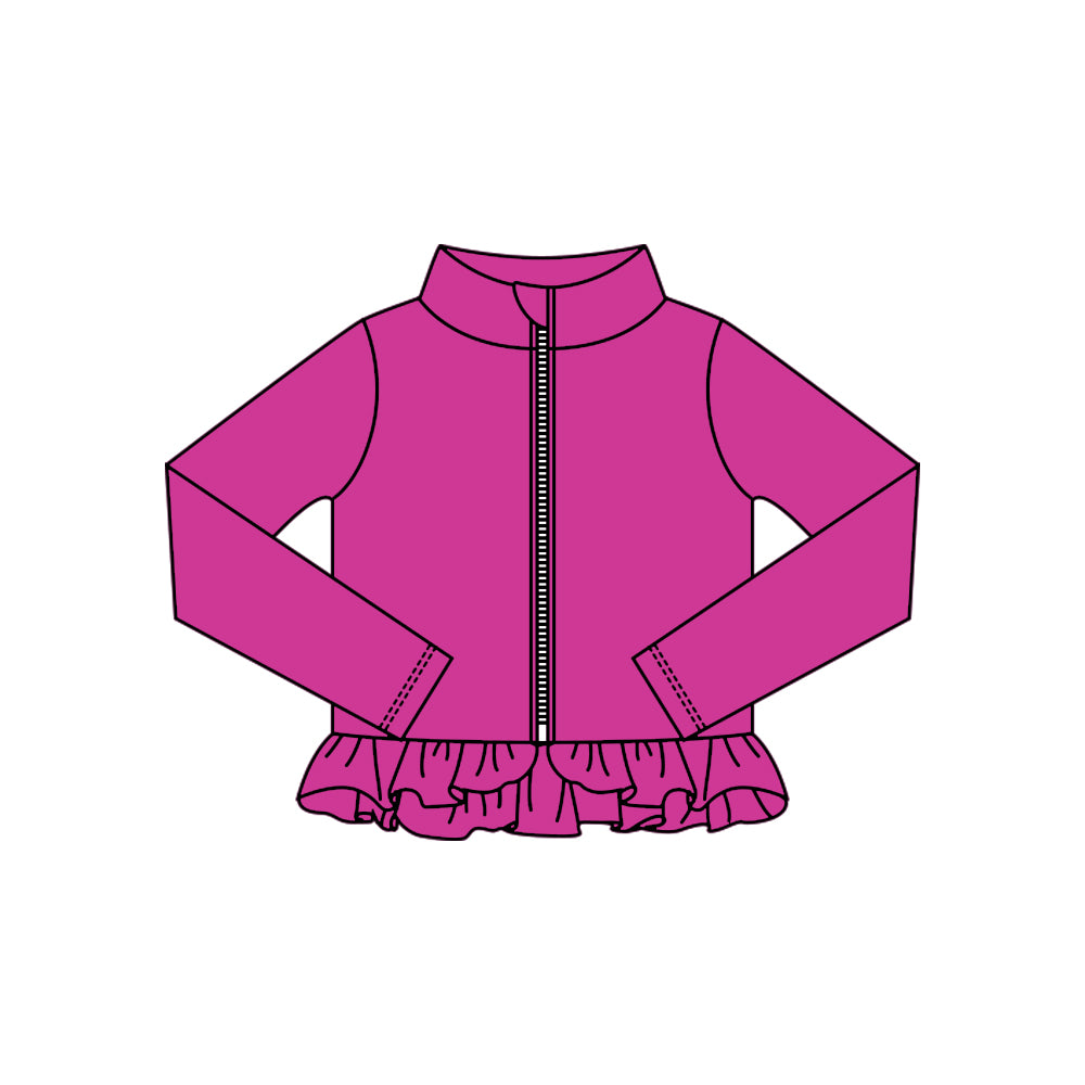 MOQ 5 Preorder GT1336 Solid Purple Red Ruffle Zipper Long Sleeve Girls Yoga Tops 202510