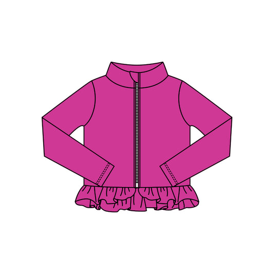 MOQ 5 Preorder GT1336 Solid Purple Red Ruffle Zipper Long Sleeve Girls Yoga Tops 202510