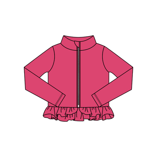 MOQ 5 Preorder GT1337 Solid Rose Red Ruffle Zipper Long Sleeve Girls Yoga Tops 202510