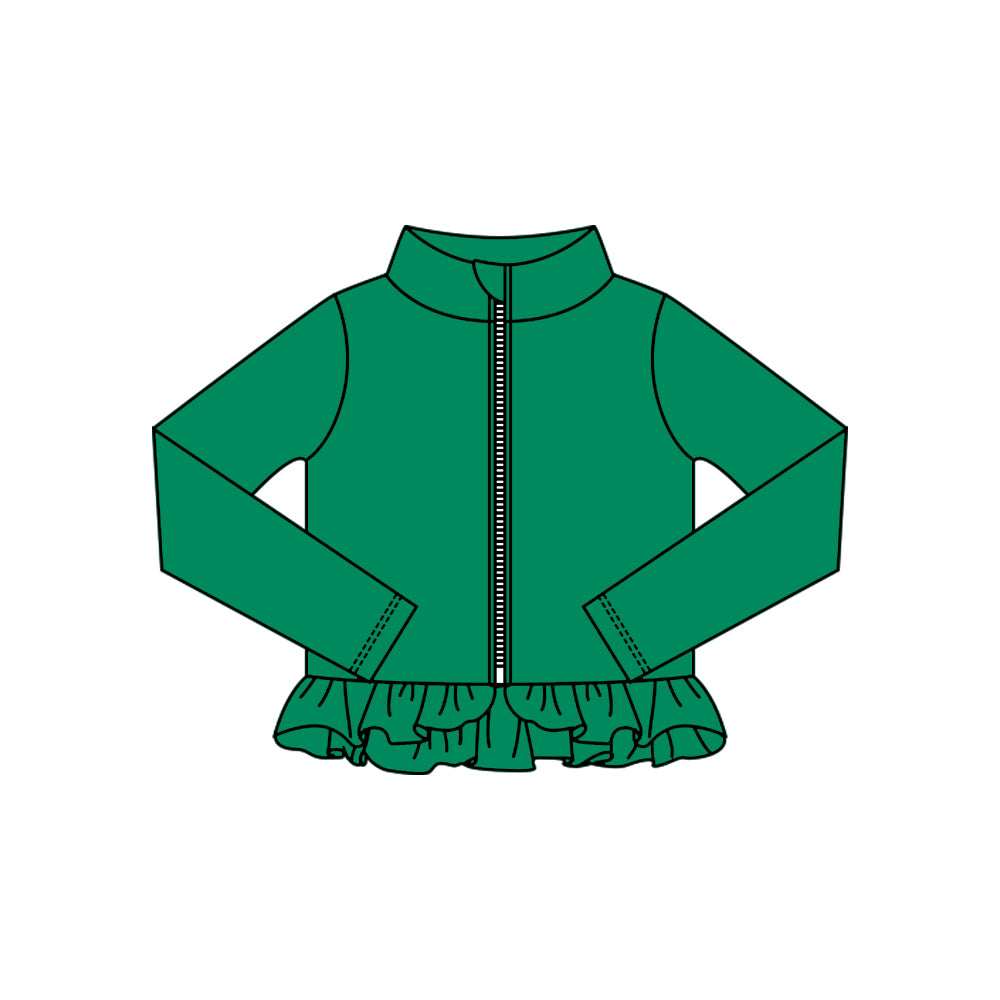 MOQ 5 Preorder GT1339 Solid Green Ruffle Zipper Long Sleeve Girls Yoga Tops 202510