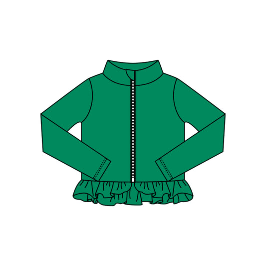 MOQ 5 Preorder GT1339 Solid Green Ruffle Zipper Long Sleeve Girls Yoga Tops 202510