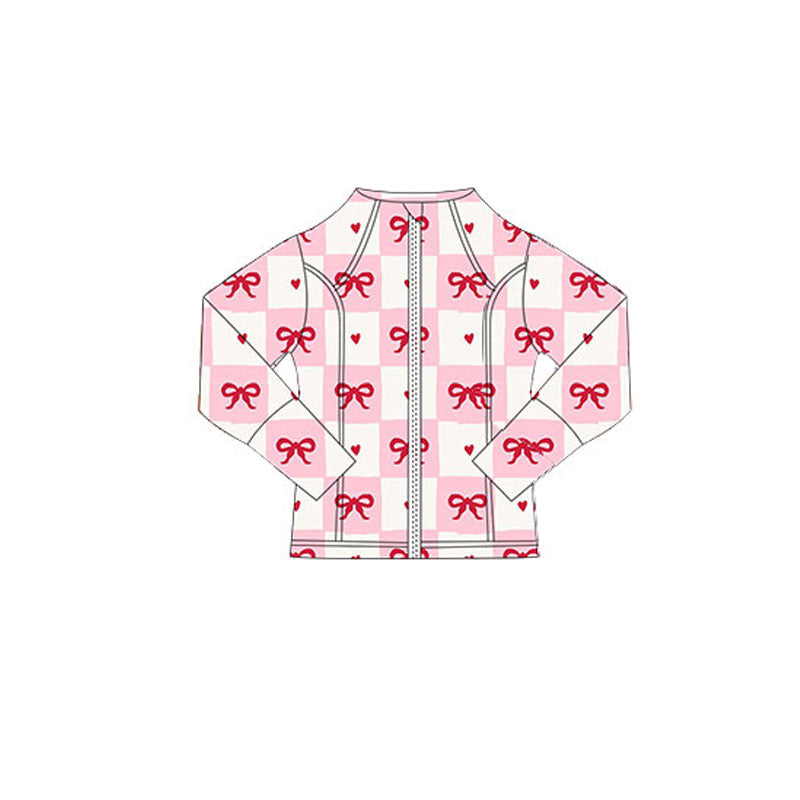 MOQ 5 Preorder GT1343 Valentine's Day Bows Pink White Plaid Zipper Long Sleeve Girls Yoga Tops 202510