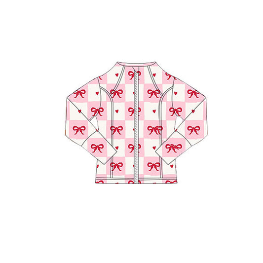 MOQ 5 Preorder GT1343 Valentine's Day Bows Pink White Plaid Zipper Long Sleeve Girls Yoga Tops 202510