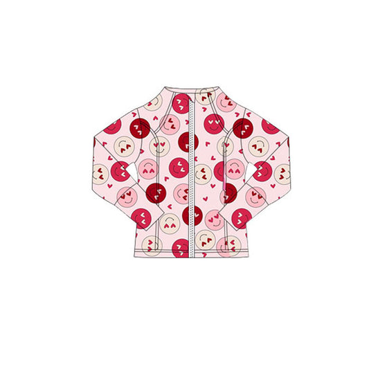 MOQ 5 Preorder GT1345 Valentine's Day Love Smile Face Pink Zipper Long Sleeve Girls Yoga Tops 202510