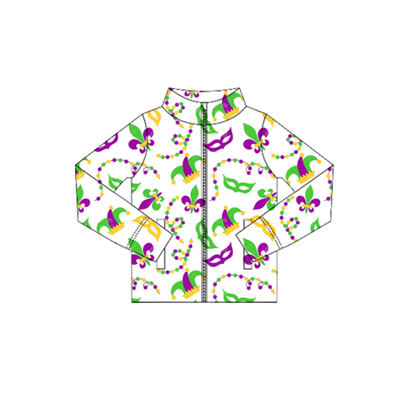 MOQ 5 Preorder GT1350 Mardi Gras Mask Necklace White Zipper Long Sleeve Girls Yoga Tops 202510