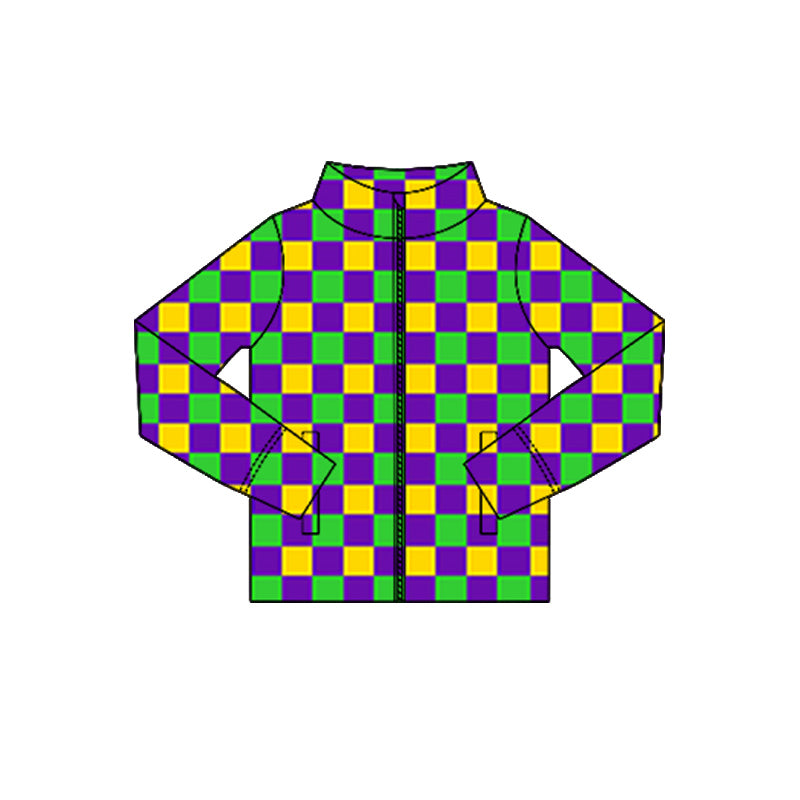 MOQ 5 Preorder GT1351 Mardi Gras Purple Yellow Green Plaid Zipper Long Sleeve Girls Yoga Tops 202510