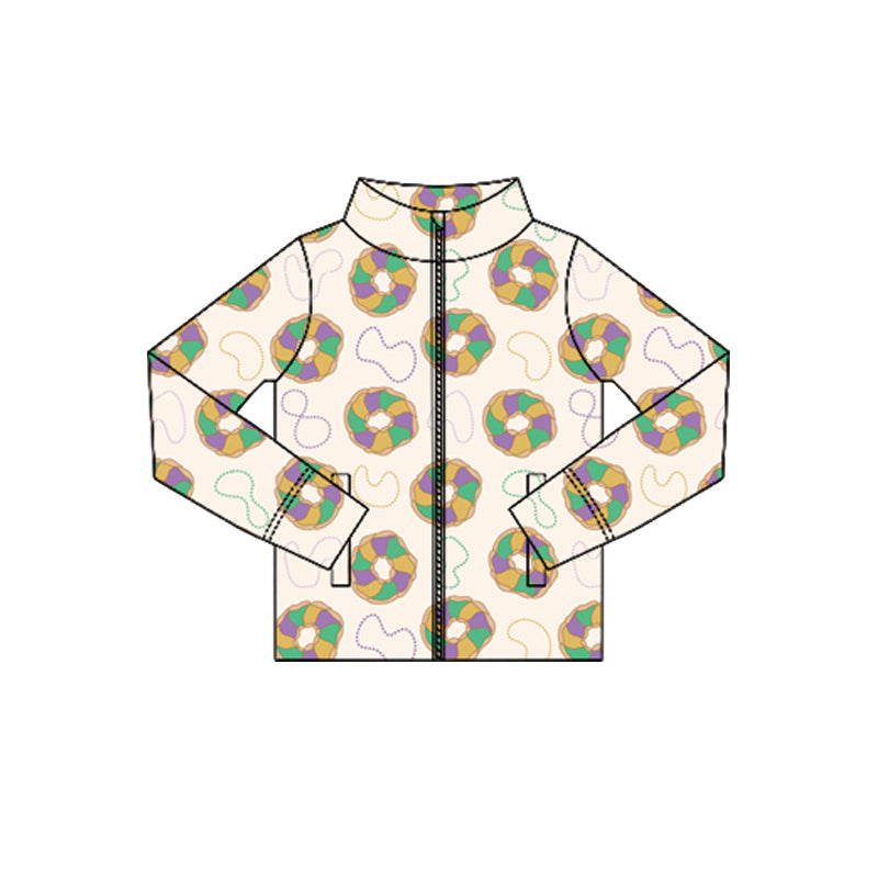MOQ 5 Preorder GT1352 Mardi Gras Necklace Doughnut Zipper Long Sleeve Girls Yoga Tops 202510