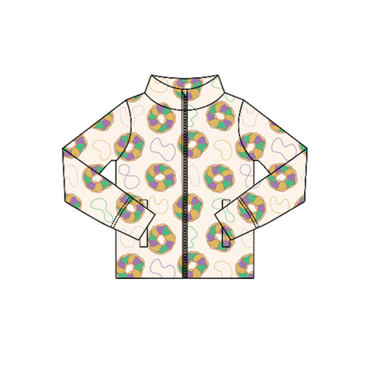 MOQ 5 Preorder GT1352 Mardi Gras Necklace Doughnut Zipper Long Sleeve Girls Yoga Tops 202510