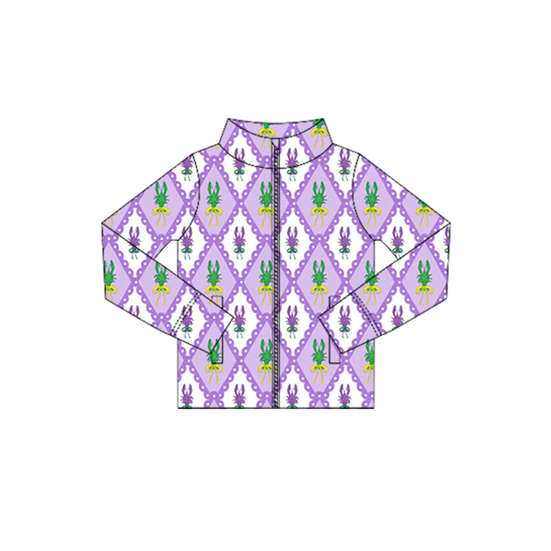 MOQ 5 Preorder GT1353 Mardi Gras Crayfish Plaid Purple Zipper Long Sleeve Girls Yoga Tops 202510