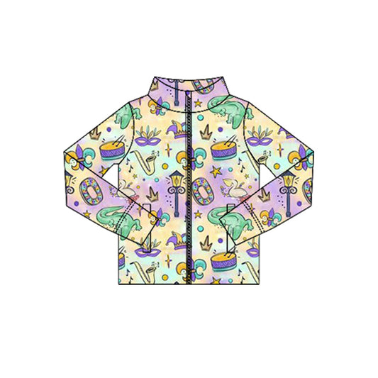 MOQ 5 Preorder GT1355 Mardi Gras Colored Zipper Long Sleeve Girls Yoga Tops 202510