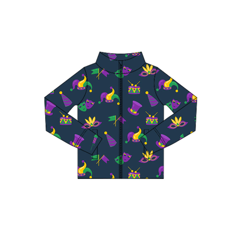 MOQ 5 Preorder GT1356 Mardi Gras Mask Navy Zipper Long Sleeve Girls Yoga Tops 202510