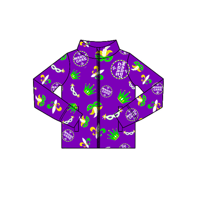 MOQ 5 Preorder GT1357 Mardi Gras Mask Purple Zipper Long Sleeve Girls Yoga Tops 202510