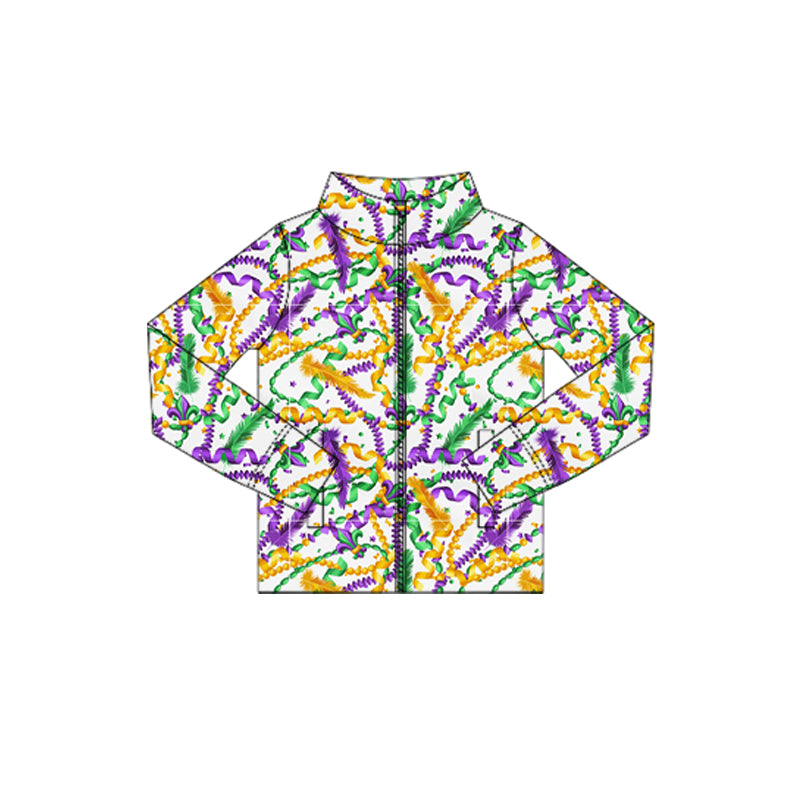 MOQ 5 Preorder GT1358 Mardi Gras Mask Colored Ribbon Zipper Long Sleeve Girls Yoga Tops 202510