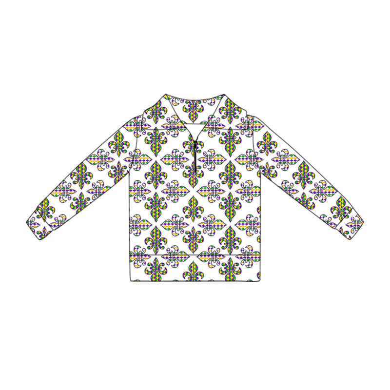 MOQ 5 Preorder GT1359 Mardi Gras Mask White Zipper Collar Long Sleeve Girls Yoga Tops 202510