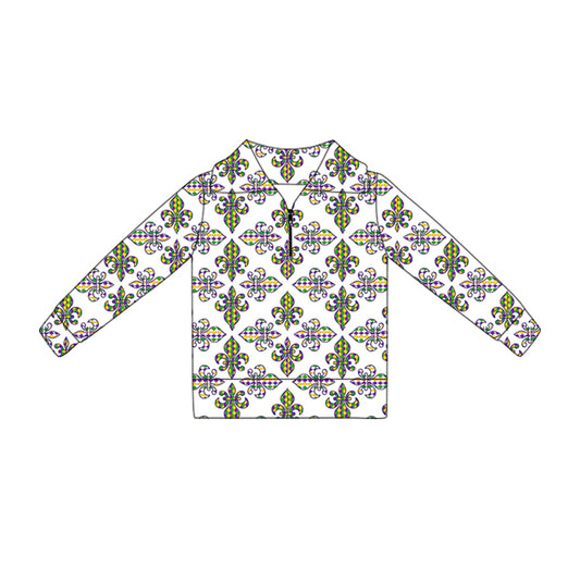 MOQ 5 Preorder GT1359 Mardi Gras Mask White Zipper Collar Long Sleeve Girls Yoga Tops 202510