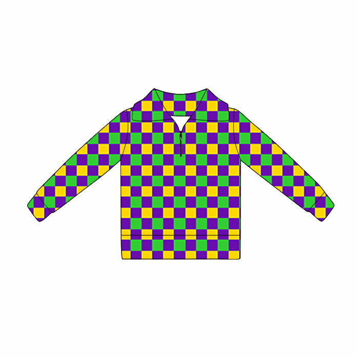 MOQ 5 Preorder GT1361 Mardi Gras Purple Green Yellow Plaid Zipper Collar Long Sleeve Girls Yoga Tops 202510