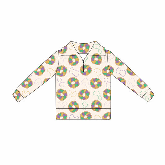 MOQ 5 Preorder GT1362 Mardi Gras Doughnut Zipper Collar Long Sleeve Girls Yoga Tops 202510