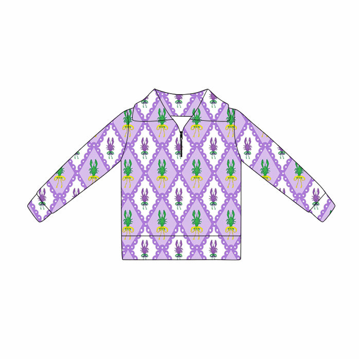 MOQ 5 Preorder GT1363 Mardi Gras Crayfish Plaid Purple Zipper Collar Long Sleeve Girls Yoga Tops 202510