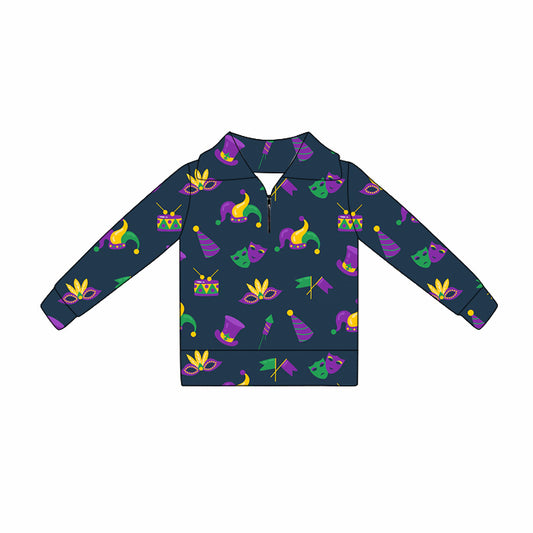 MOQ 5 Preorder GT1366 Mardi Gras Mask Navy Zipper Collar Long Sleeve Girls Yoga Tops 202510