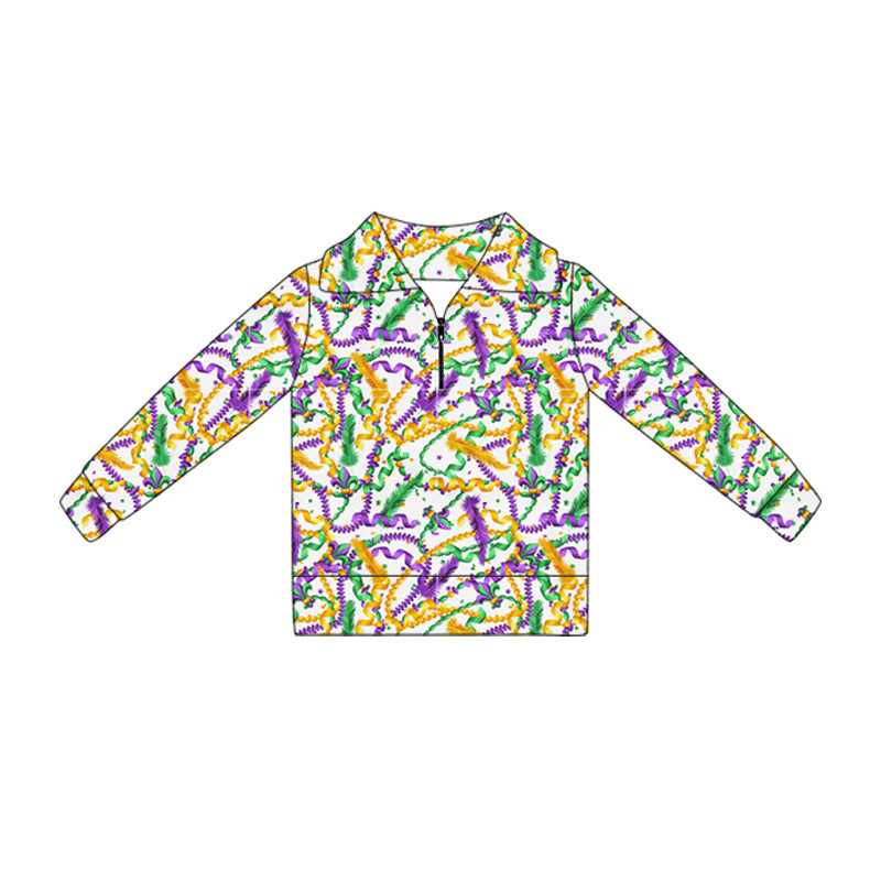 MOQ 5 Preorder GT1368 Mardi Gras Colored Ribbon Colored Zipper Collar Long Sleeve Girls Yoga Tops 202510