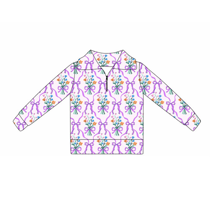 MOQ 5 Preorder GT1371 Flower Bows Purple Zipper Collar Long Sleeve Girls Yoga Tops 202510