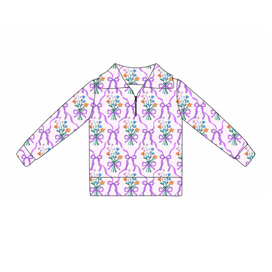 MOQ 5 Preorder GT1371 Flower Bows Purple Zipper Collar Long Sleeve Girls Yoga Tops 202510