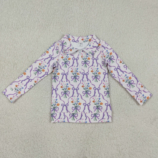GT1371 Flower Bows Purple Zipper Collar Long Sleeve Girls Yoga Tops 202601 RTS