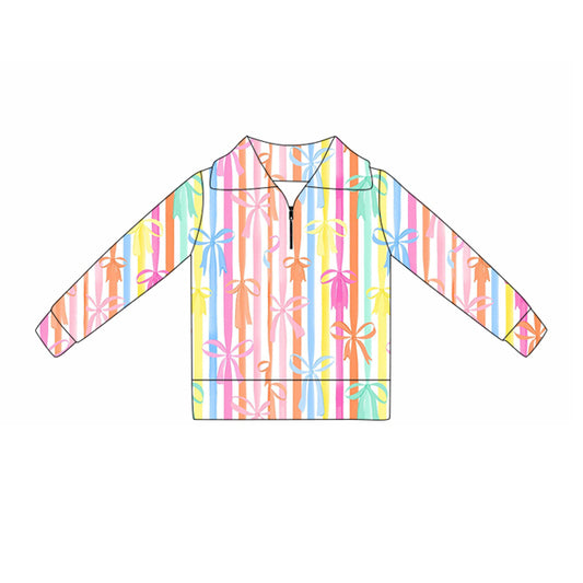 MOQ 5 Preorder GT1374 Colored Bows Stripe Zipper Collar Long Sleeve Girls Yoga Tops 202510