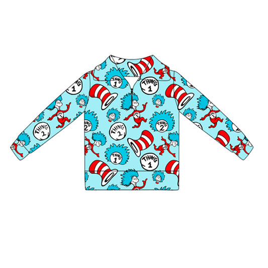 MOQ 5 Preorder GT1378 Dr Seuss Blue Zipper Collar Long Sleeve Girls Yoga Tops 202510