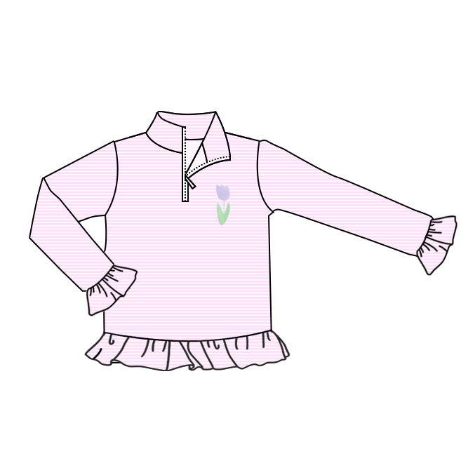 MOQ 5 Preorder GT1392 Flower Pink Stripe Ruffle Zip Collar Long Sleeve Girls Tops 202510