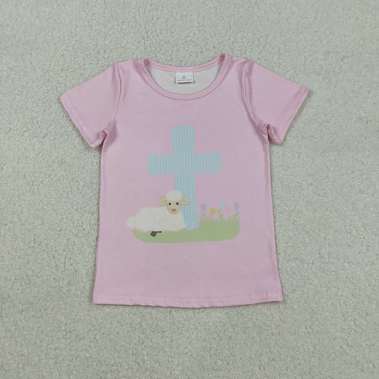 GT1394 Easter Cross Sheep Pink Short Sleeve Girls Tops 202511 RTS
