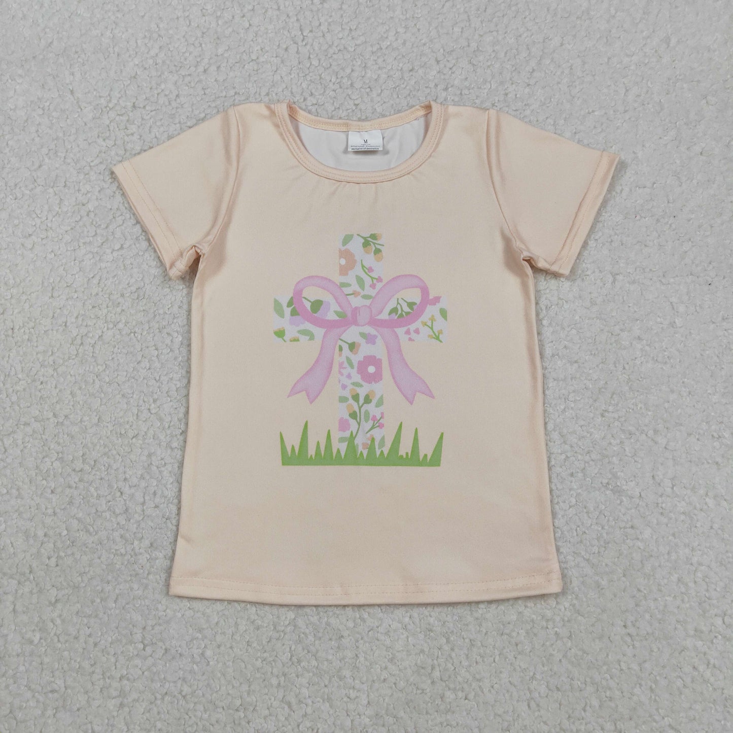 GT1397 Easter Cross Flower Bows Beige Yellow Short Sleeve Girls Tops 202511 RTS
