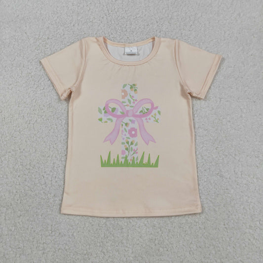GT1397 Easter Cross Flower Bows Beige Yellow Short Sleeve Girls Tops 202511 RTS