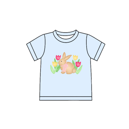 MOQ 5 Preorder GT1398 Easter Bunny Flower Blue Short Sleeve Girls Tops 202510
