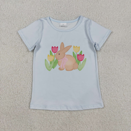 GT1398 Easter Bunny Flower Blue Short Sleeve Girls Tops 202511 RTS