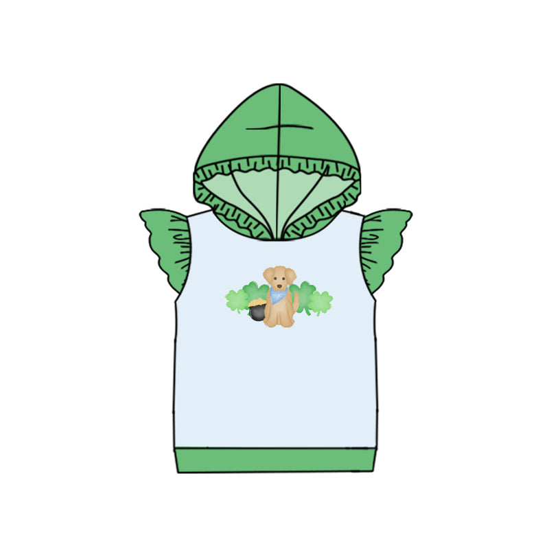 MOQ 5 Preorder GT1404  St. Patrick's Day Four-Leaf Clover Puppy Gold Coin Green Hooded Short Sleeve Girls Tops 202510